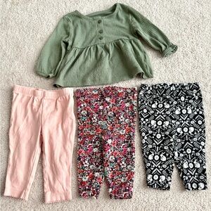 Carter's Bundle Olive Green Top with Pink, Floral & Black Patterned Leggings Set